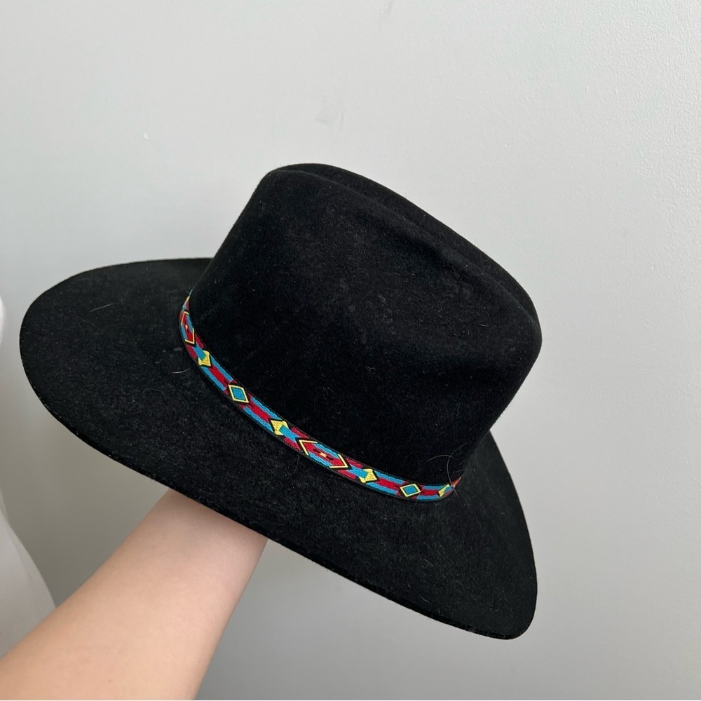 Black Wool Fedora Hat w/ Colorful Woven Band Boho Western Prairie - Picture 6 of 6